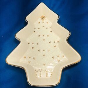 Formalities By Baum Bros  beige gold trim Ceramic Christmas Tree Platter 8x5x1